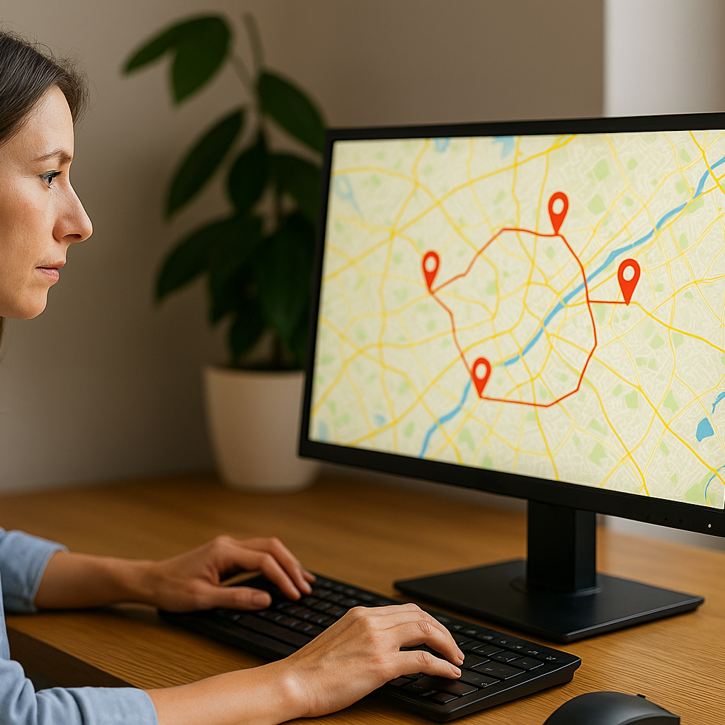 Frau plant Sonderfahrt am Computer mit Karte auf dem Bildschirm